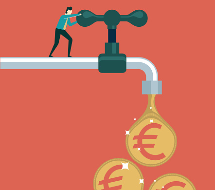Businessman turning on or turning off the tap with a drop of dollar sign currency stock illustration