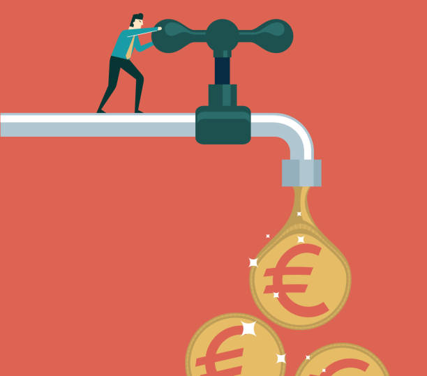 turning on the tap - Euro Businessman turning on or turning off the tap with a drop of dollar sign currency stock illustration faucet leaking pipe water stock illustrations