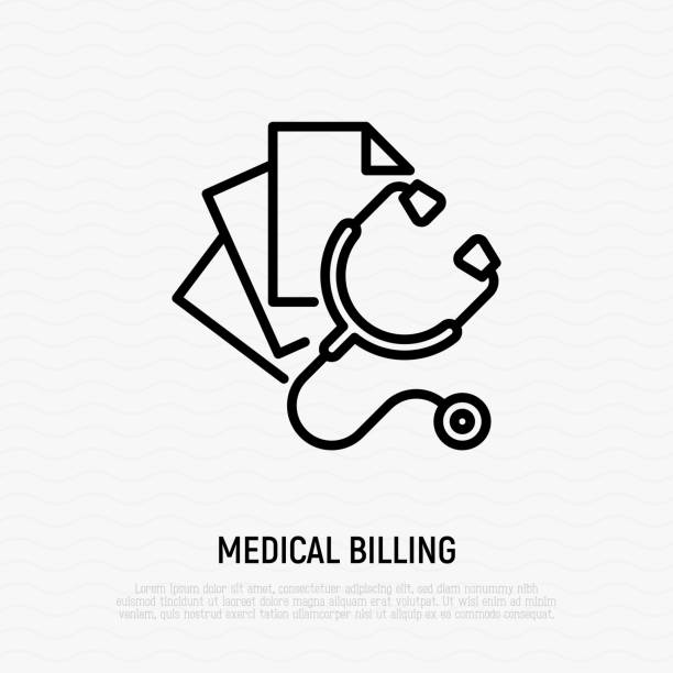 medizinische rechnungen: stethoskop mit blatt papier. dünnelinie-symbol. krankenversicherung. medizinische rechnung. vektor-illustration. - medical bills stock-grafiken, -clipart, -cartoons und -symbole