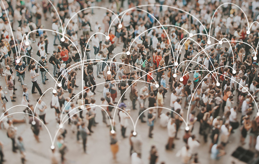 Aerial view of crowd connected by lines