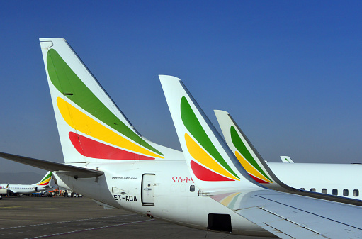 Addis Ababa, Ethiopia: Ethiopian airlines winglets and tail fin - Ethiopia's flag carrier, wholly government owned, flying since 1945, based at Addis Ababa Bole International Airport.