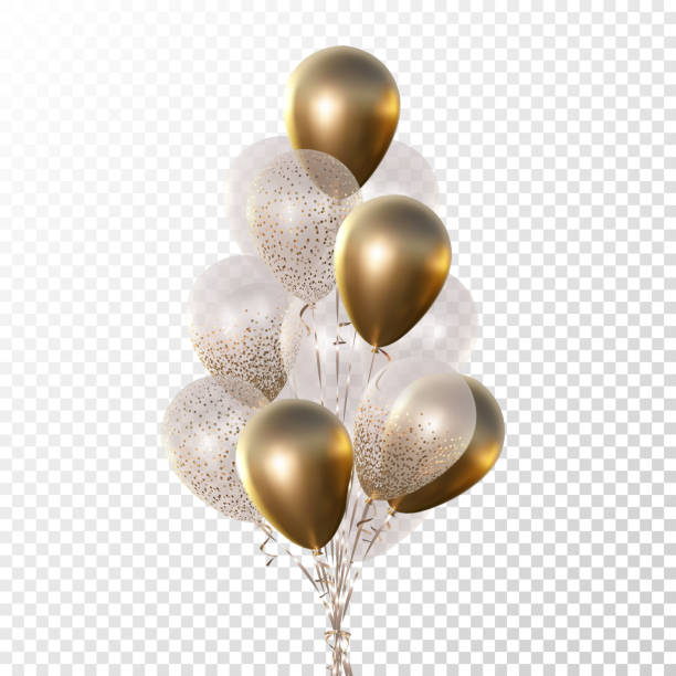 Bunch of 3d realistic vector balloons. Transparent, transparent with golden confetti circles, and golden. Good for birthday, anniversary, New Year, wedding, corporate, holiday event designs.