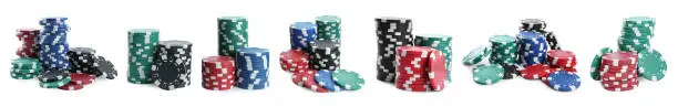 Photo of Set with stacks of different casino chips on white background, banner design. Poker game