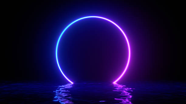 istock Glowing neon purple circle ring line with reflections on water, lights, waves abstract vintage background, ultraviolet, spectrum vibrant colors, laser show. 3d render illustration 1320304313