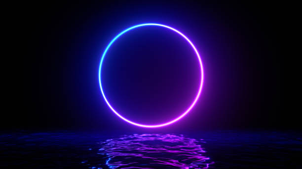 istock Glowing neon purple circle ring line with reflections on water, lights, waves abstract vintage background, ultraviolet, spectrum vibrant colors, laser show. 3d render illustration 1320304831