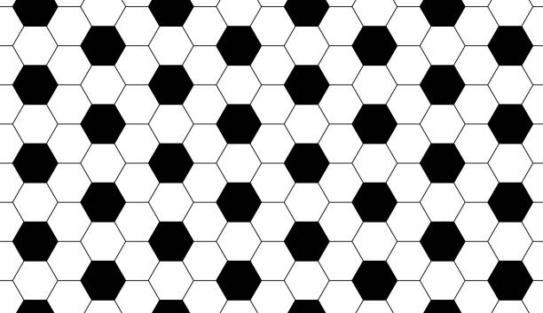 スポーツゲームサッカーやサッカーのためのモノクロボールシームレスパターン。繰り返し五角形で作られた黒と白の幾何学的背景。ベクトル - pentagon点のイラスト素材／クリップアート素材／マンガ素材／アイコン素材