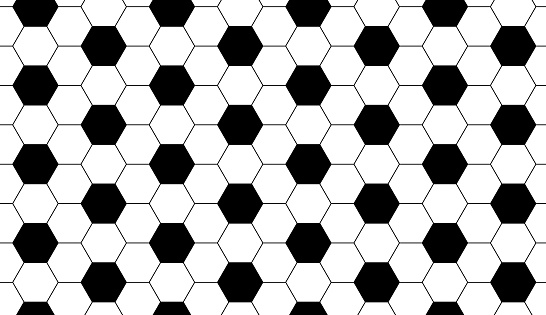 Monochrome ball seamless pattern for sports games football or soccer. Black and white geometric background made of repeating pentagons. Vector