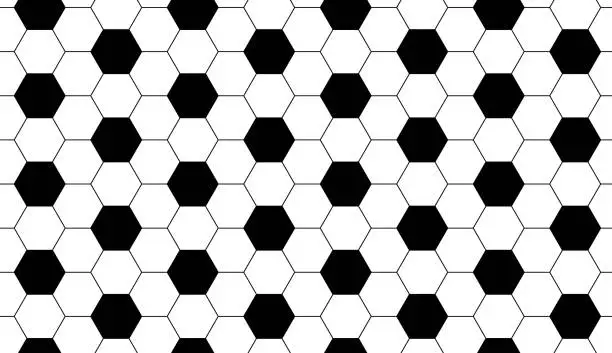 Vector illustration of Monochrome ball seamless pattern for sports games football or soccer. Black and white geometric background made of repeating pentagons. Vector