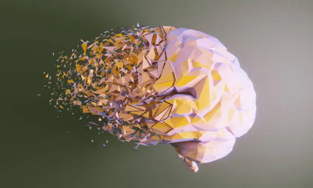 Low poly human brain dissolving, symbolizing mental disorder, Alzheimer's disease and mental health concepts. ( 3d render )