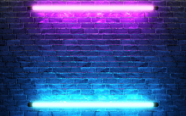 istock Modern futuristic neon lights on old grunge brick wall room background. 3d rendering 1320309158