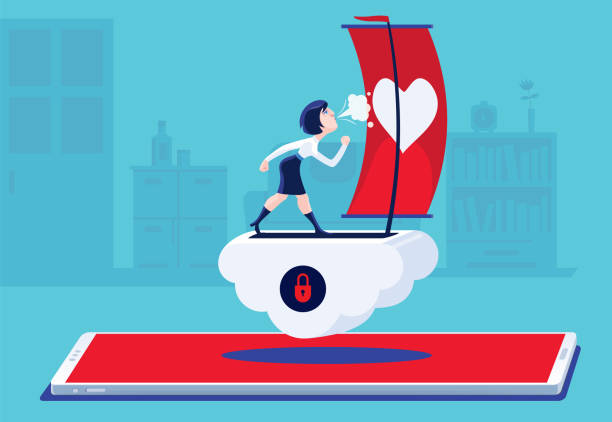 ilustrações de stock, clip art, desenhos animados e ícones de businesswoman blowing heart sign sail on cloud with smartphone - star nautical vessel one person direction