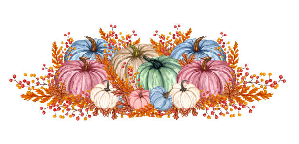 水彩ピンクと青のカボチャの構成、花のカボチャ、ハロウィーンクリップアート、秋のデザイン要素、秋の配置、白い背景に隔離収穫クリップアート。 - white backgrounds thanksgiving pumpkin点のイラスト素材／クリップアート素材／マンガ素材／アイコン素材