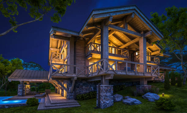istock 3d rendering of modern cozy chalet in night 1320313407