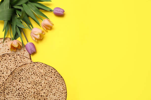 tasty matzos and fresh flowers on yellow background, flat lay with space for text. passover (pesach) celebration - matzo imagens e fotografias de stock