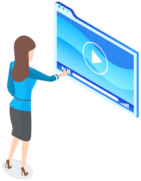 istock Woman turns on video player to view lesson isolated on white. Application for watching movie 1320321552