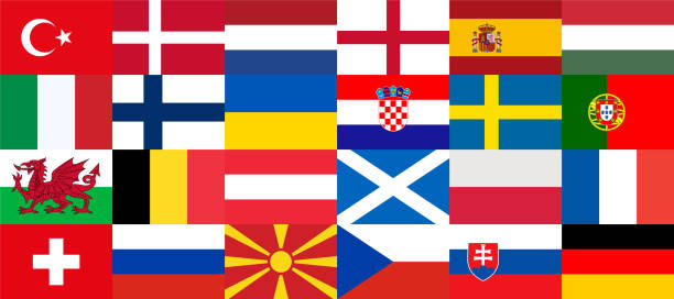 Flags of countries participating in the European Football Championship 2020. Sorted by group matches, collected in one big banner. Vector Flags of countries participating in the football championship in Europe 2020. Group stage final. 2020 European. Europe 2021. Sorted by group matches, collected in one banner. National flags. Vector slovak language stock illustrations