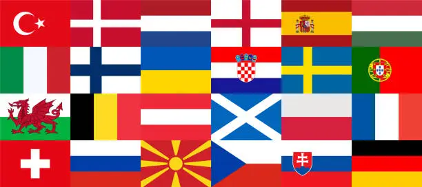 Vector illustration of Flags of countries participating in the European Football Championship 2020. Sorted by group matches, collected in one big banner. Vector