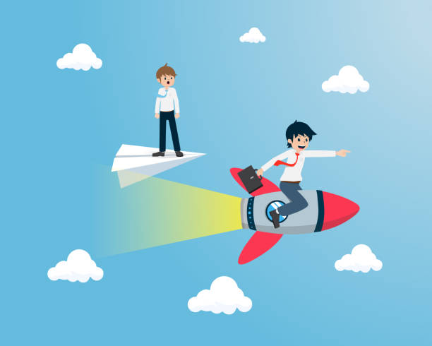 ilustrações de stock, clip art, desenhos animados e ícones de salary man sitting on rocket overtaken a competitor standing on paper plane - overtaken