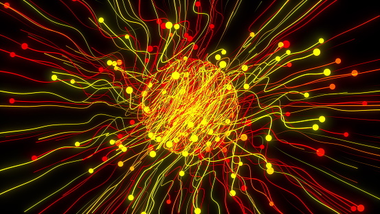 Digital 3d render stripes flying away from bright sphere. Geometric dance particles in spinning distorted space. Abstract supernova explosion with chaotic scribble vortex.