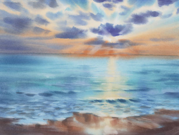 istock Evening sky reflections by the sea watercolor background 1320324293