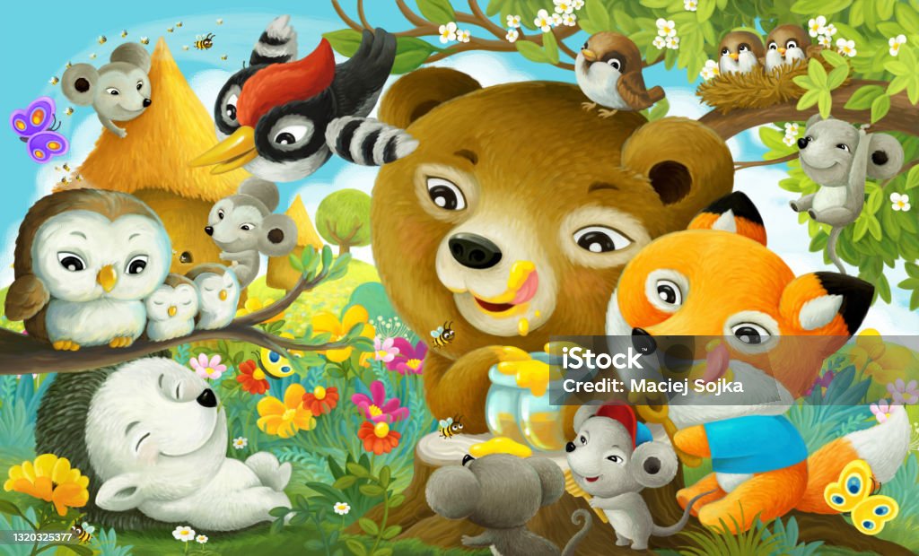 Cartoon Scene With Different Forest Animals The Forest Eating Honey  Illustration Stock Illustration - Download Image Now - iStock
