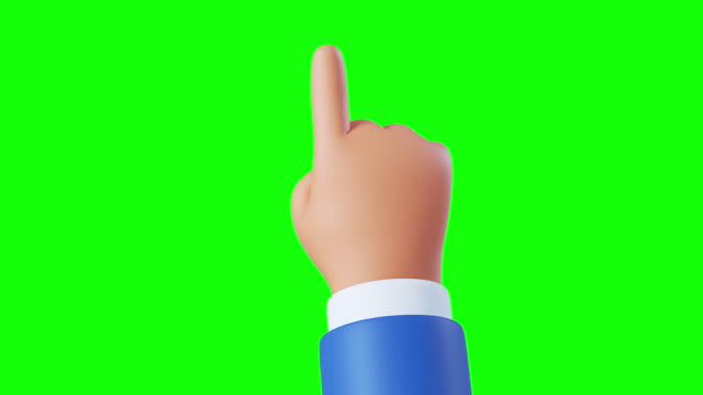3d animation of a cartoon character hand isolated on green screen. Touchscreen technology user experience actions: click, tap, slide, zoom