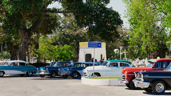 Havana, Cuba - May 09, 2017: parking place with vintage cars in the cemetery of Havana