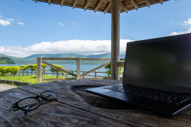 istock lakeside terrace with PC and glasses 1320326535