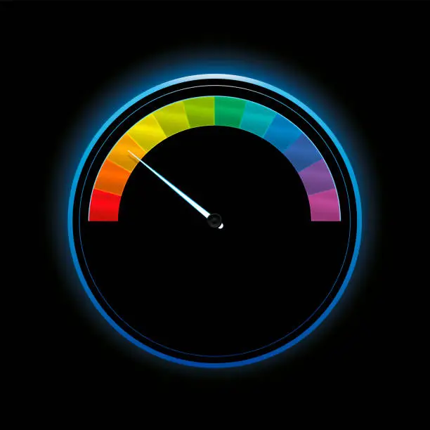 Vector illustration of Speedometer, gauge with rainbow colored scale fields, colorful subdivisions as rating indicator, semicircle, graduation display instrument with white pointer. Vector illustration on black background.