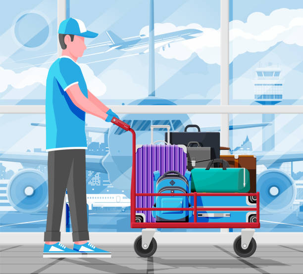 Trolley Baggage And Male Mover Modern And Vintage Travel Bag Collection On Hand truck. Male Mover. Set Of Plastic And Leather Business Case. Trolley On Wheels. Travel Backpack, Urban Baggage And luggage. Flat Vector Illustration mover delivery person box hand truck stock illustrations
