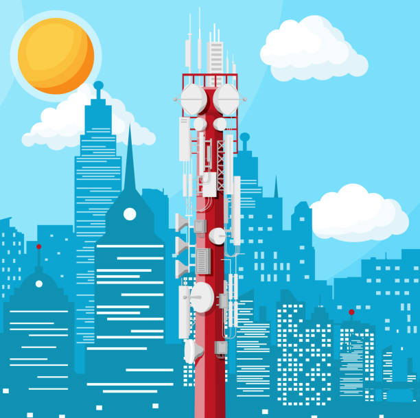 Transmission Cellular Tower Antenna Cityscape. Transmission Cellular Tower Antenna Cityscape. Network Broadcast Equipment Isolated. Broadcasting, Internet, Television Cell Station. 4G 5G. Satellite Communication Antenna. Flat Vector Illustration satellite phone stock illustrations