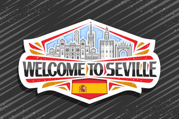 illustrazioni stock, clip art, cartoni animati e icone di tendenza di etichetta vettoriale per siviglia - national landmark architectural styles sevilla seville