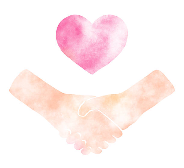 istock Hands shaking hands and a floating pink heart shape  with watercolor texture 1320328287
