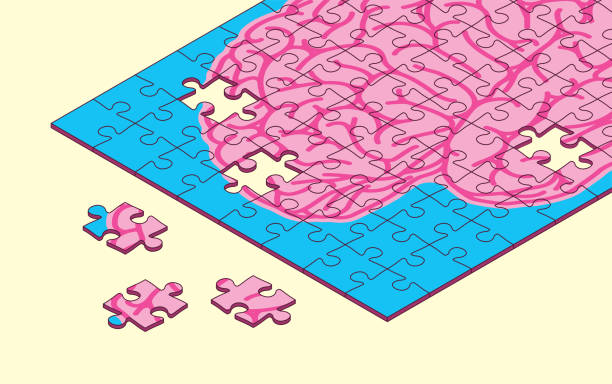 ilustraciones, imágenes clip art, dibujos animados e iconos de stock de puzzle piezas daño cerebral alzheimer's memory pérdida inteligencia aprendizaje discapacidad juegos mentales - alzheimer