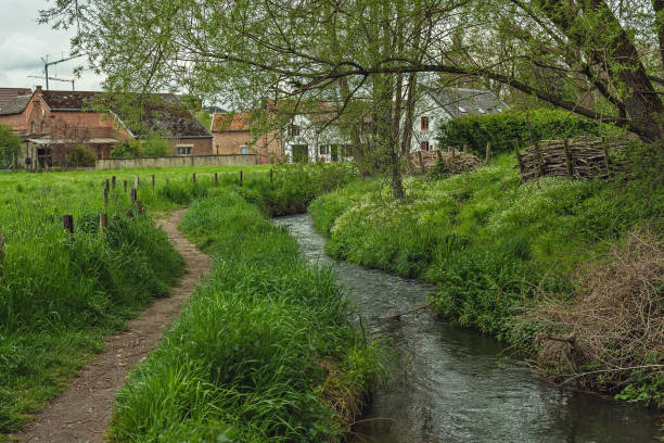 A small stream with a walking path and a few houses in a lush spring landscape.