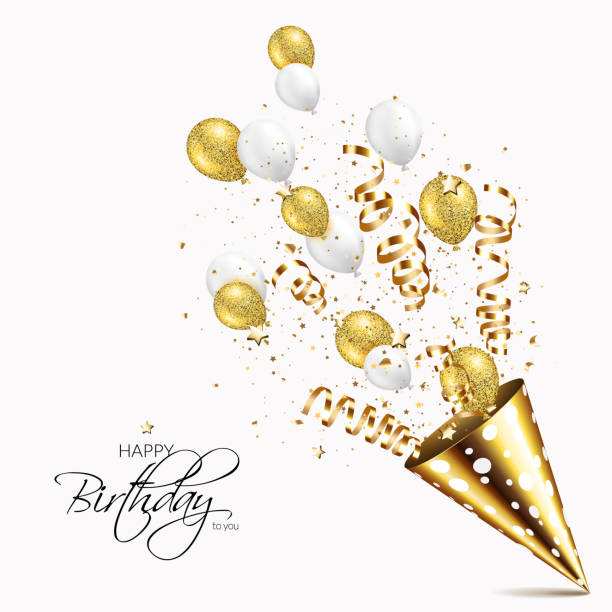 ilustrações de stock, clip art, desenhos animados e ícones de happy birthday greeting card with party hat with ribbons, balloons and confetti. - party hat birthday confetti streamer