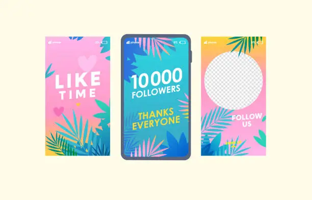 Vector illustration of Trendy Follow us social media stories templates set. Like time, 10k followers congratulation social network, promotional. SMM, Internet advertisement for stories, streaming, personal blog, shop cover.