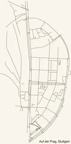 Vector illustration of Street roads map of the Auf der Prag quarter inside Nord district of Stuttgart, Germany