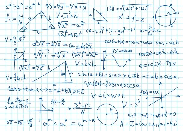 illustrations, cliparts, dessins animés et icônes de formules mathématiques doodle. équations mathématiques manuscrites, schémas sur papier carré de cahier. ensemble vectoriel de calculs d’algèbre ou de géométrie - fonction mathématique