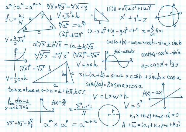 ilustrações, clipart, desenhos animados e ícones de fórmulas matemáticas de rabiscos. equações matemáticas manuscritas, esquemas em papel quadrado de caderno. conjunto vetorial de cálculos de álgebra ou geometria - mathematics doodle paper education