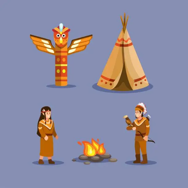 Vector illustration of Native Indian american people ethnic symbol set in cartoon illustration vector