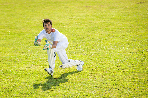selective focus image of game of cricket action inside a stadium showing batsman just striking ball
