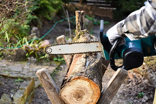 Electric chain saw in man hands while cutting a log for firewood. Seasonal working in the garden. Worker working with a saw in the garden.