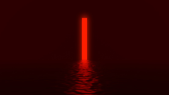 Glowing red neon light rectangle tall portal with distorted reflection on black background. Creative design concept. 3D rendered image