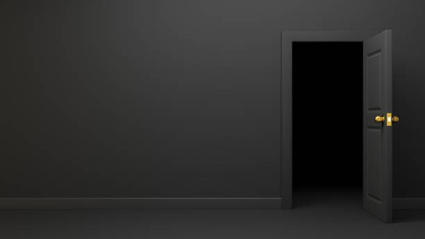 istock Dark gray open door to dark room. 3D rendered illustration. 1320343829