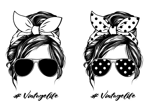 A Vector illustration of the Messy Bun Hair Sunglasses Vintage Life. Perfect for acrylic blanks, cricut, tumblers, glasses, t-shirts, pillows, tote bags, garden flags, towels and plus many more!!