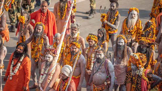 Haridwar, Uttarakhand. India- March 5, 2021- Indian sadhus coming to Kumbh Mela, Royal welcome