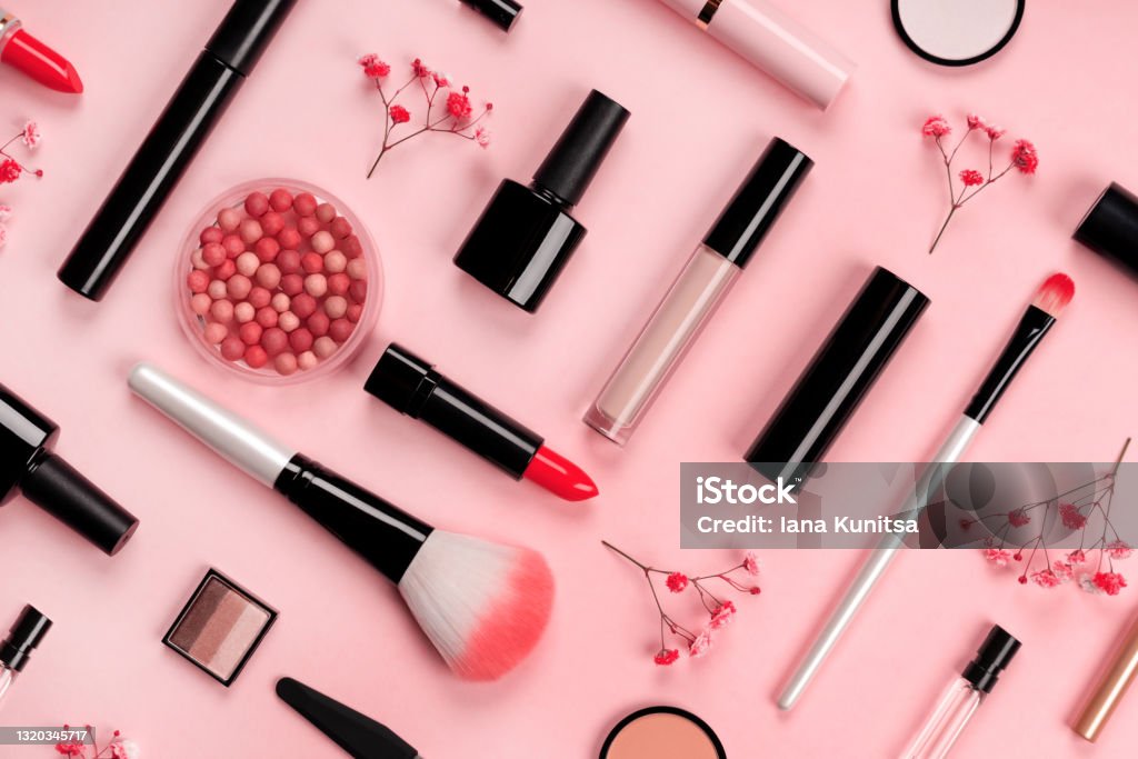 Various Cosmetic Accessories For Makeup And Manicure On Trendy