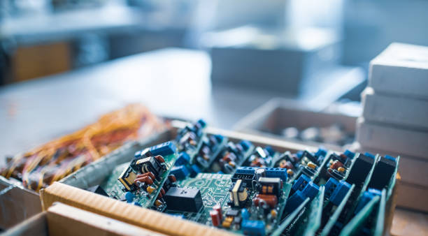 istock Close-up electric green embedded microcircuits in production 1320351148