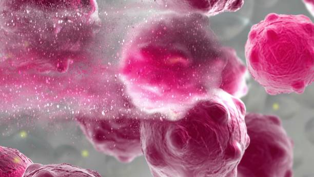 ilustração 3d de uma célula cancerosa danificada e desintegrada - oncologia - fotografias e filmes do acervo